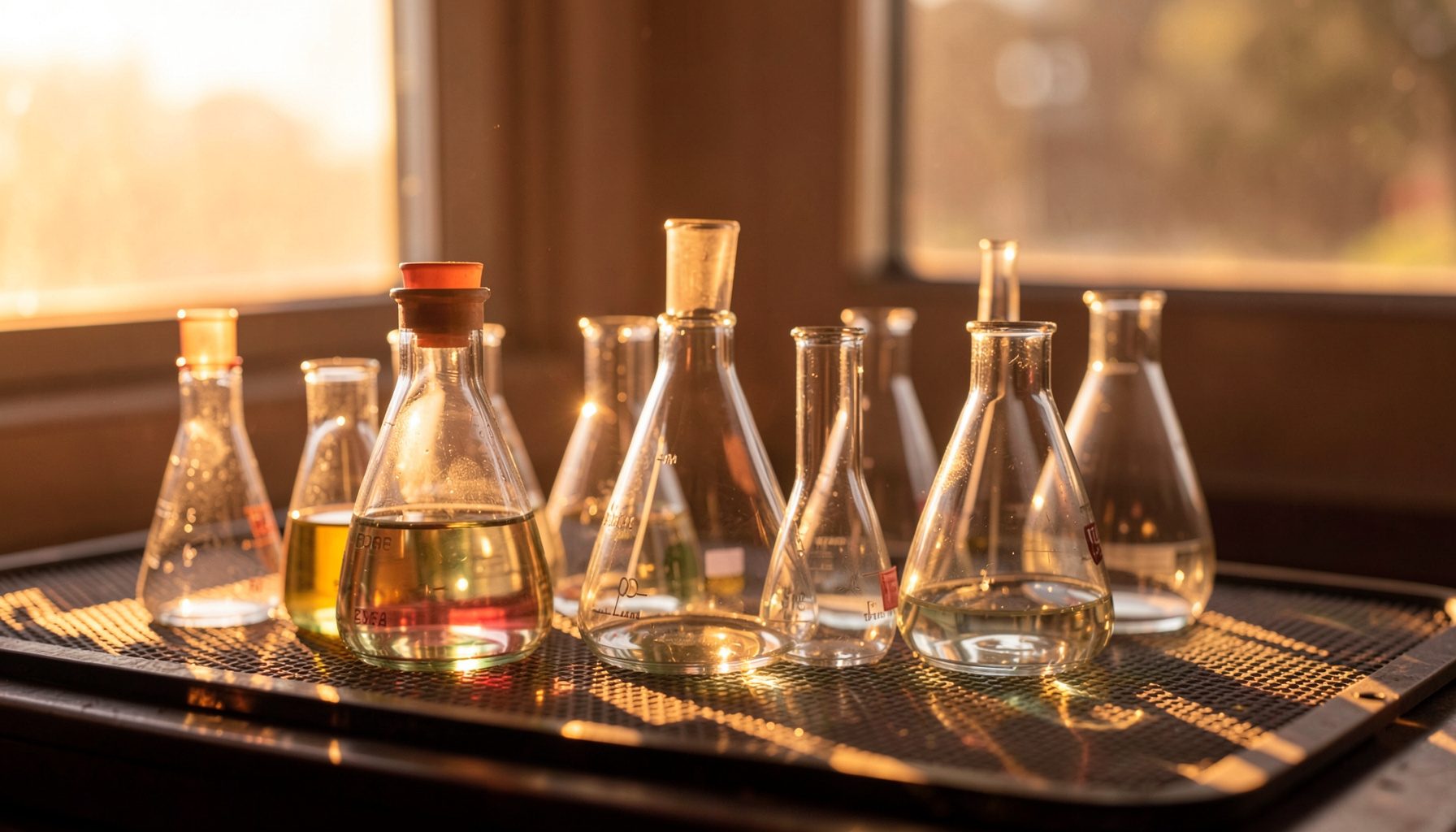 Flacons de laboratoire en verre alignés sur une paillasse, baignés d'une lumière chaude de fin d'après-midi traversant une fenêtre.