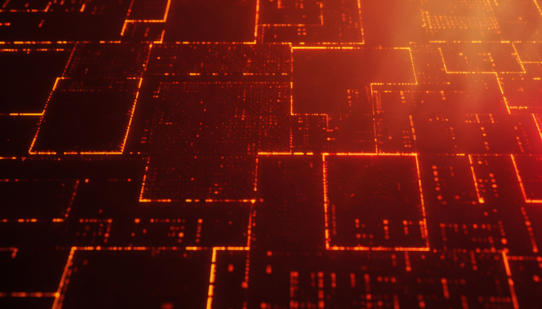 Surface sombre segmentée en rectangles aux contours lumineux orange ambré, évoquant une matrice de matériaux nanostructurés.