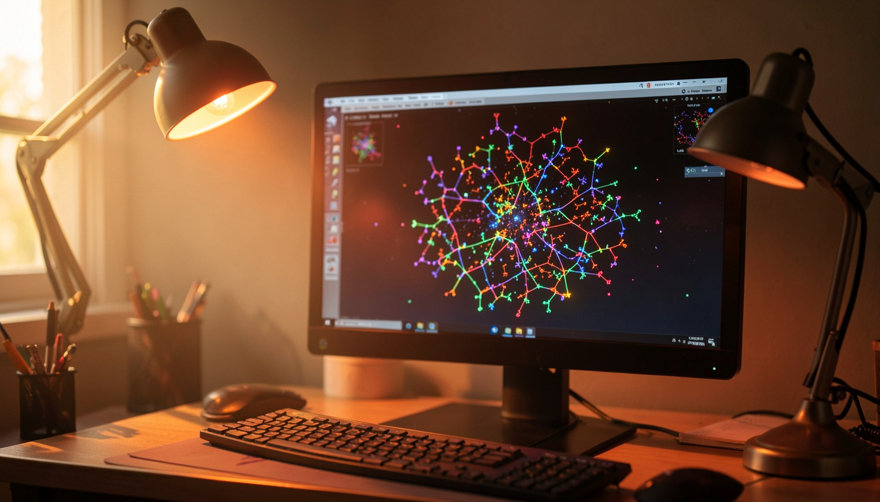 Écran d'ordinateur affichant une simulation moléculaire en couleurs vives, dans un bureau tamisé éclairé par une lampe de travail.